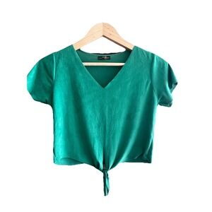 Alya Green Tie Front Crop Top Women's Small V-Neck Short Sleeve 100% Viscose